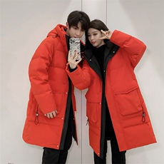 现货韩版情侣装长款羽绒服男女青年学生加厚300克羽绒服大衣，男装羽绒服，钱塘723