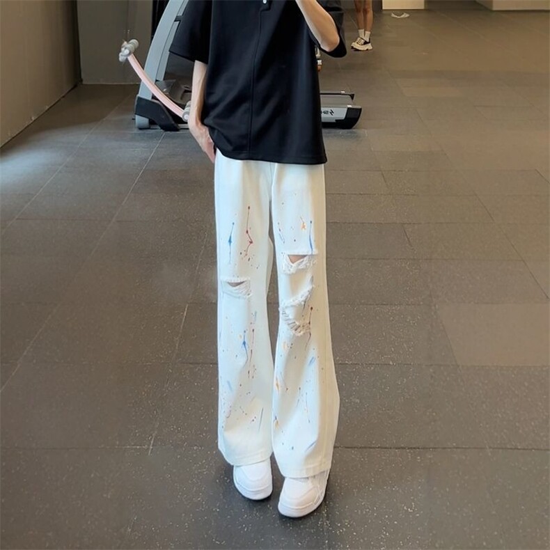 阔腿直筒裤子时尚白色泼墨破洞牛仔裤潮流高街男涂鸦休闲裤子,男装牛仔裤,星座1210-1