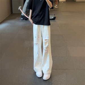 阔腿直筒裤子时尚白色泼墨破洞牛仔裤潮流高街男涂鸦休闲裤子图片