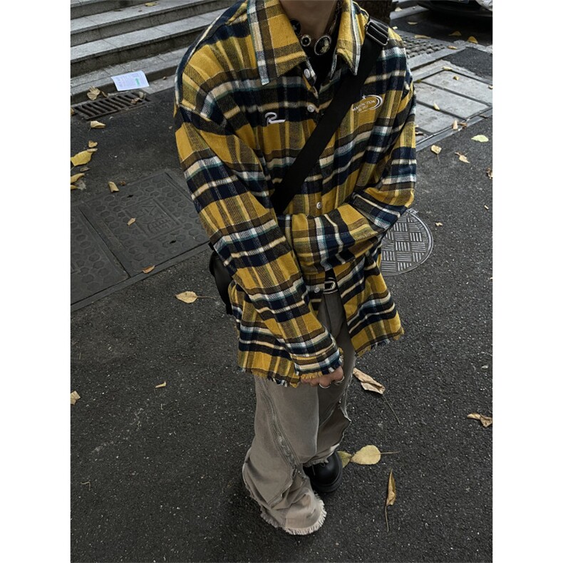 美式复古撞色格纹格子衬衫衬衣男女宽松潮牌情侣外套长袖C71,男装衬衫,星座1116A（原606A-3）