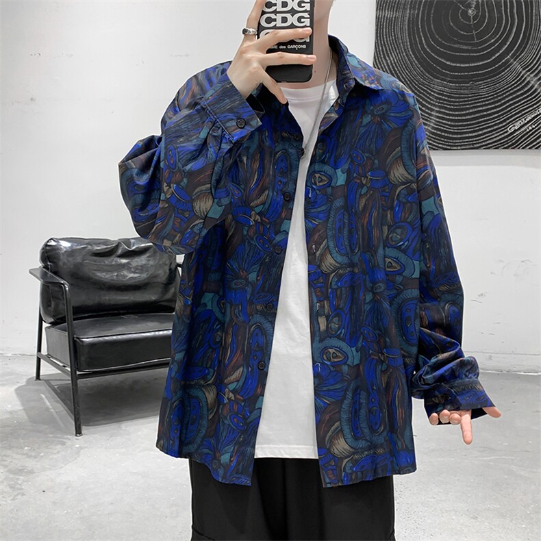 港风衬衫ins复古油画印花衬衣宽松设计感小众上衣外套W1321-P28,男装衬衫,星座512-2
