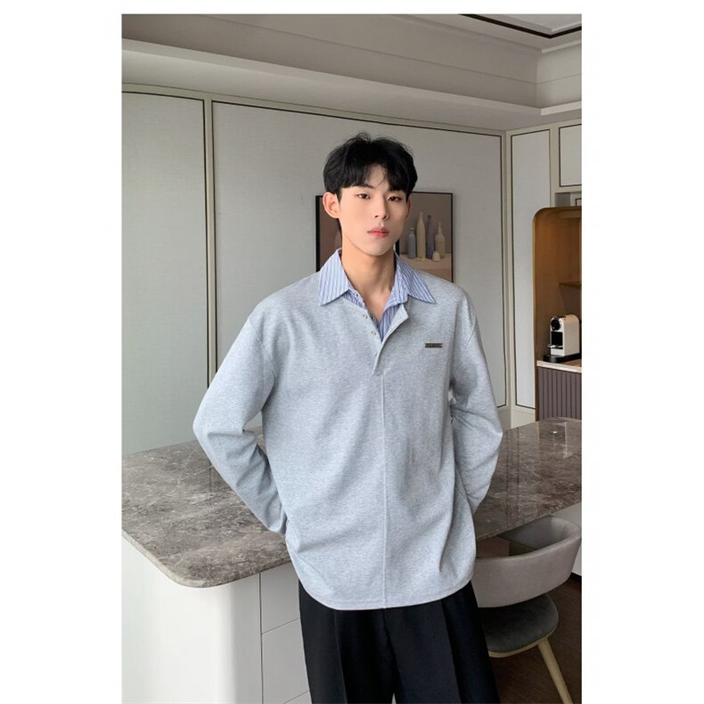 5697-P43韩系宽松polo领假两件衬衫拼接卫衣外套,男装衬衫,星座617A-2