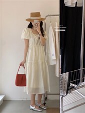 法式泡泡袖连衣裙夏季设计感众温柔高级感初恋裙子，女装连衣裙，香丽迪1