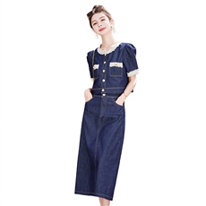 牛仔裙休闲套装女2025夏季时尚新款显瘦薄款短袖上衣半身裙两件套，女装套装/套裙，凯瑟曼