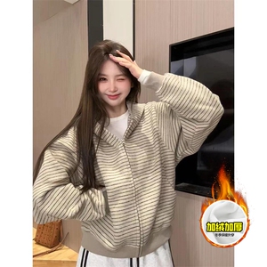 480G重磅加绒硬挺boxy男女秋冬美式高街条纹毛呢卫衣开衫厚外套