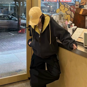 抖音得物二开美式高街重磅结构双层撞色连帽卫衣开衫外套W116图片