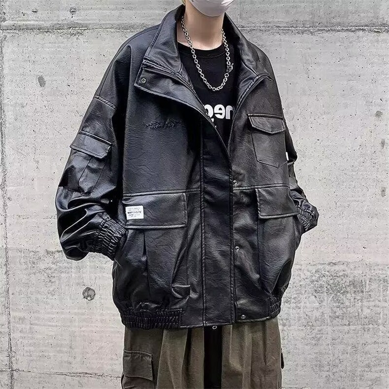 街头百搭质感黑色机车皮衣男士春秋季防风短款廓形外套HH020P80,男装皮衣,星座1013-5