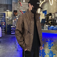美式复古做旧机车风休闲宽松立领皮衣外套男女同款A140/P78，男装皮衣，星座506
