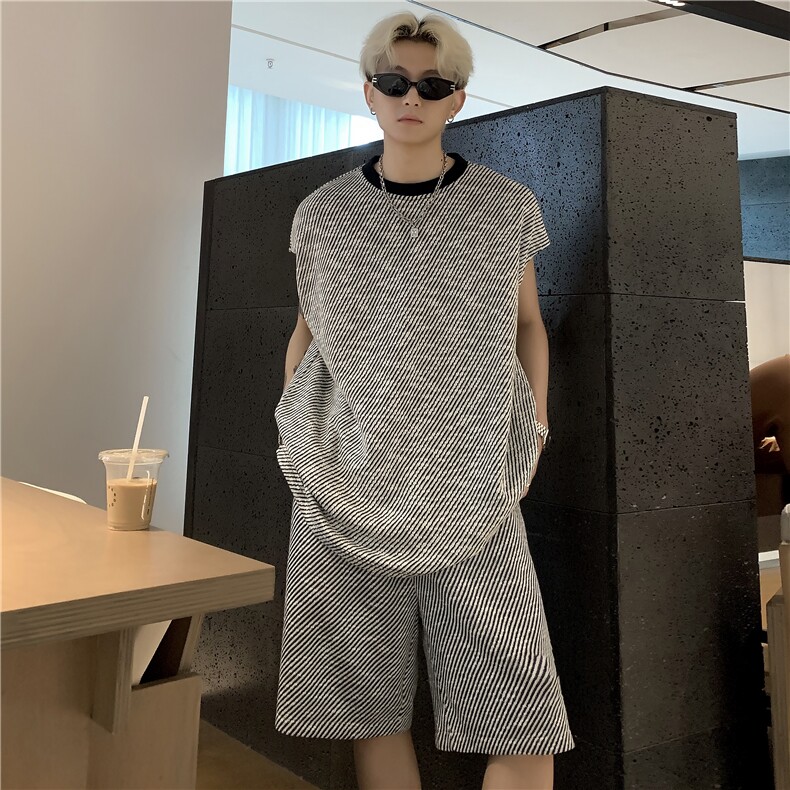 潮无袖t恤男士夏季潮牌宽松条纹背心坎肩休闲运动套装特P55,男装T恤,电商C307A