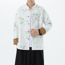 竹叶印花长袖外套新中式立领夹克唐装大码中山装1910-P100，男装夹克，电商B378（原B341）