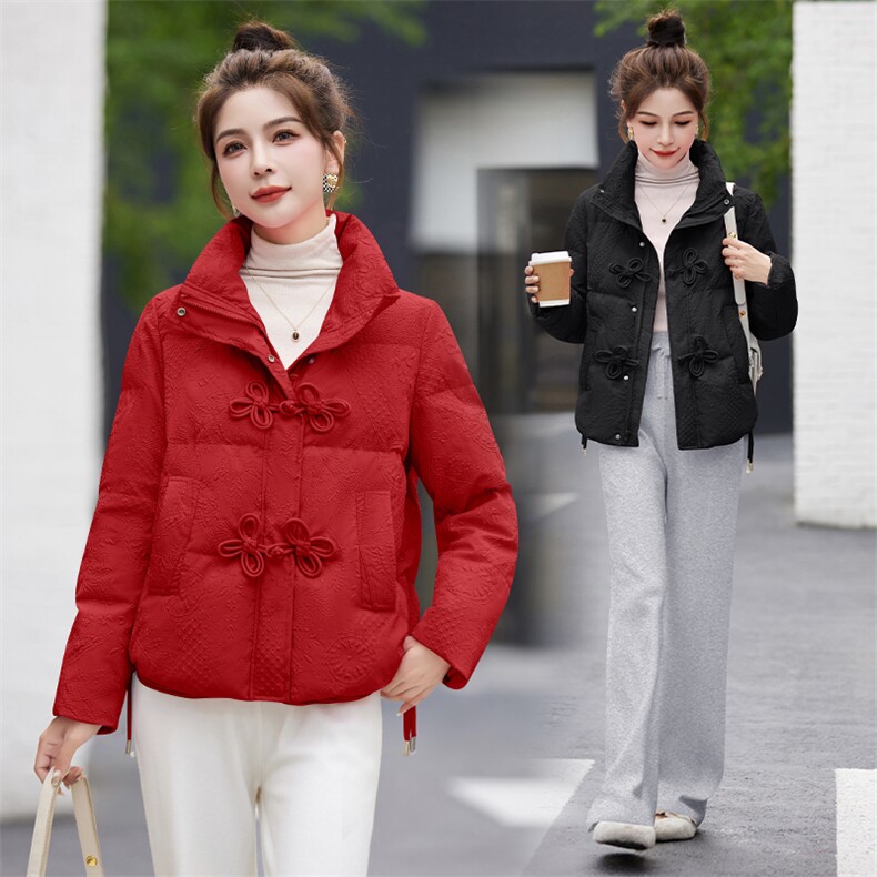 红色盘扣羽绒棉服女短款2025冬季新款小个子时尚气质小款棉袄外套,女装棉衣/棉服,尚娜萱