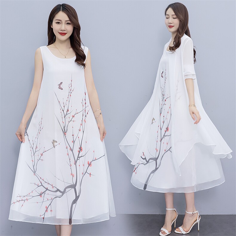 夏季新款优雅印花防晒外披长款连衣裙两件套，女装连衣裙，秀美人生