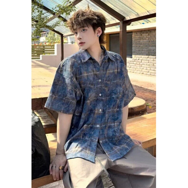 破坏格子短袖衬衫男女夏季复古休闲宽松半袖衬衣 CS84图片