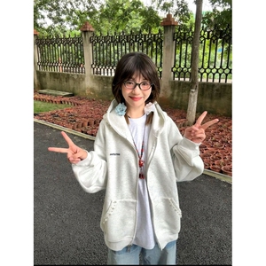 钉珠连帽开衫卫衣外套女2025新款秋冬美式高街复古宽松小众设计感