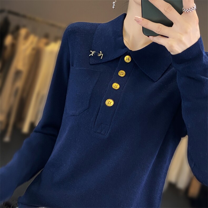 新款POLO领长袖针织打底衫女式宽松大气胸针内搭羊毛外套女,针织衫/毛衣,雪真羊绒