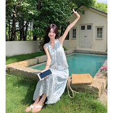 复古蕾丝刺绣背心套装裙女2025夏季新款时尚气质高腰半身裙两件套，女装套装/套裙，2C133