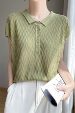 短袖t恤女夏装2024新款潮宽松polo领上衣服，女装针织衫/毛衣，暖圣羊羊绒