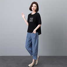 天丝牛仔套装女2025夏季新款时尚休闲宽松中年妈妈洋气减龄两件套，女装套装/套裙，叶笙衣
