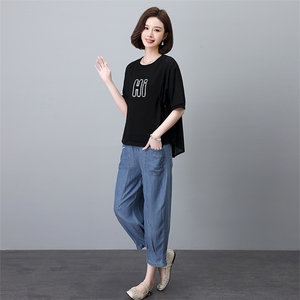 天丝牛仔套装女2025夏季新款时尚休闲宽松中年妈妈洋气减龄两件套图片