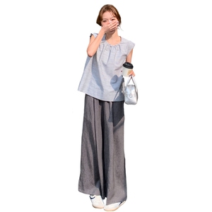 条纹飞袖上衣休闲裤套装2025新款女夏季韩系高级感流行ootd一整套图片