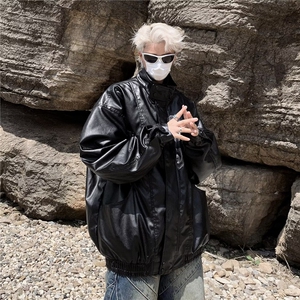 机车服男款潮牌宽松工装PU皮衣外套秋季高街潮流休闲痞帅立领夹克图片
