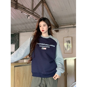 EE074-P65 卫衣男女情侣薄款2024潮插肩袖宽松设计感圆领韩版上衣图片