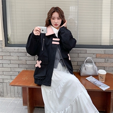 黑色撞色减龄工装外套女2025秋季新款设计感学院风宽松百搭夹克潮，女装短外套，2C030
