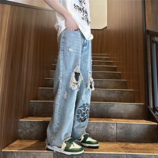k1080-p55-控78M-5XL现货oversizecleanfit显瘦黄泥牛仔裤破洞，男装牛仔裤，星座116