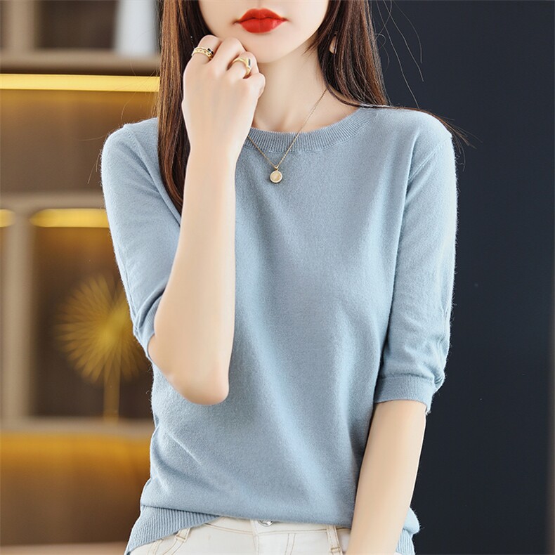 羊绒衫女V领秋季新款纯色短款毛衣短袖内搭大码羊毛衫针织打底衫，女装羊毛衫，朝思羊绒