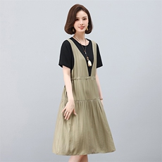 中年妈妈假两件拼接连衣裙女2025夏季新款宽松遮肚子洋气减龄裙子，女装连衣裙，叶笙衣