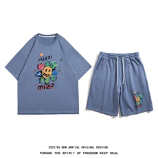 白底新款夏季时尚百搭印花短袖潮流垂感宽松短裤套装TZ65P50控68，男装牛仔裤，电商A247-1