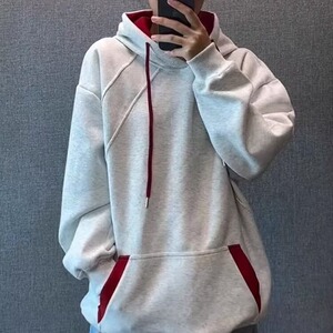 HK04-P43 美式复古撞色男女休闲连帽卫衣外套女春秋季宽松图片