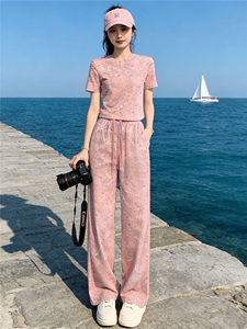 女夏季欧货潮流时尚运动休闲套装粉色扎染短袖上衣阔腿长裤两件套图片