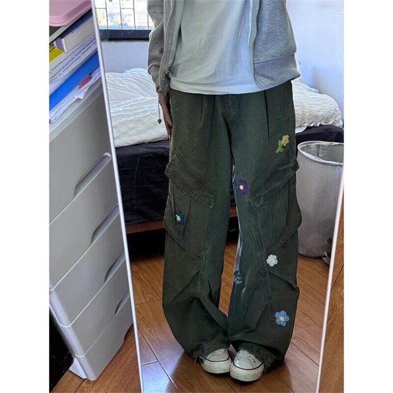 【现货】DA8208-特批68花朵刺绣伞兵工装裤女男春秋多口袋长裤潮图片