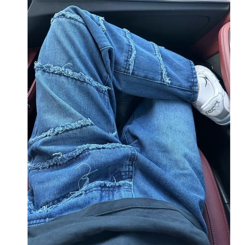美式复古毛边牛仔裤男女阔腿直筒高街小众宽松拼接长裤K70344-p55,男装牛仔裤,星座1008