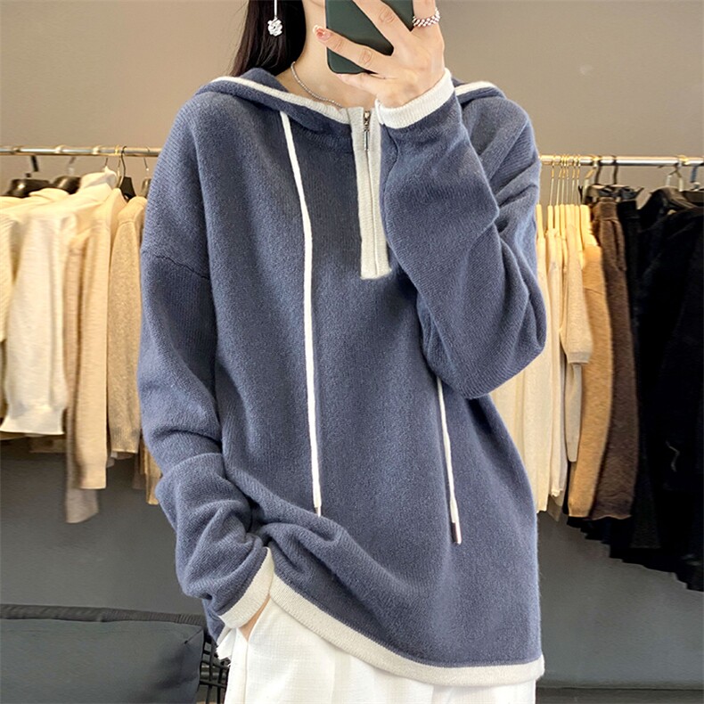 秋冬连帽半拉链100%羊毛套装女羊绒阔腿裤两件套宽松套头毛衣,女装羊毛衫,瑞上羊绒