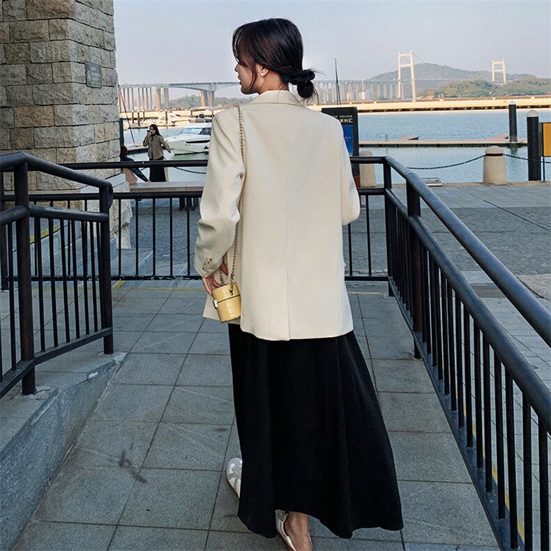 2024年春季新款韩版简约休闲宽松纯色西装外套套装黑色长款裙子女,女装西装,辉之琳