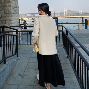 2024年春季新款韩版简约休闲宽松纯色西装外套套装黑色长款裙子女