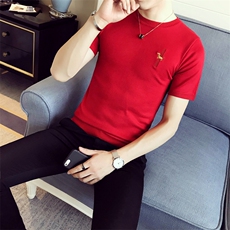 常年货小狗刺绣圆领短袖针织毛衣青年男1201，男装针织衫/毛衣，电商C301