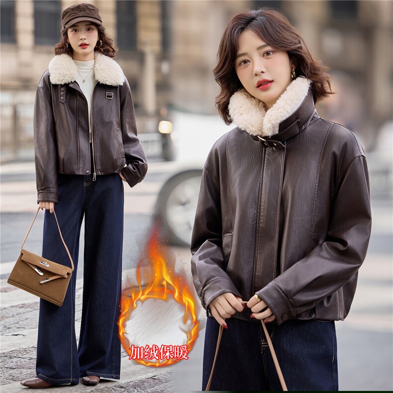 【冬季新款】大量现货时尚休闲可脱卸毛领加绒加厚皮棉外套,女装皮衣,缘衣格