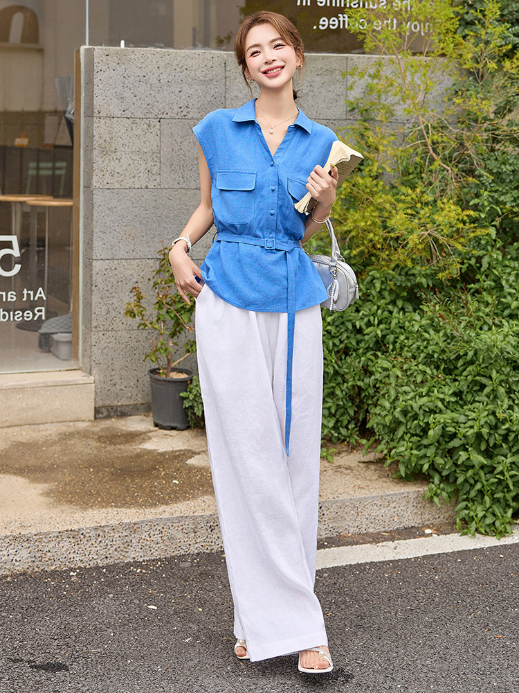 轻熟风气质套装女2025夏季新款时尚显瘦无袖马甲衬衫阔腿裤两件套,女装套装/套裙,艾仟回(原伊仟回)