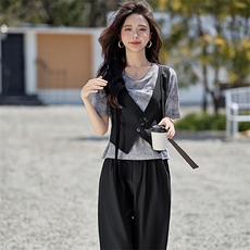 时尚休闲套装女2025春夏新款减龄假两件拼接T恤垂感阔腿裤两件套，女装套装/套裙，韩蔻秀