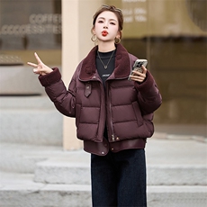 时尚潮流女装PU皮拼接仿羊羔毛翻领白鸭绒羽绒服显瘦保暖外套，女装羽绒服，采品优优