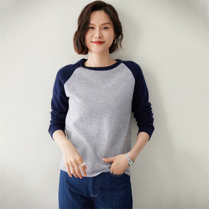 时尚拼色插肩圆领女士羊绒衫 舒适保暖显瘦设计图片
