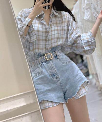 现货超薄防嗮格子衬衫/泡泡袖肌理小衫/打揽压皱背心裙，女装衬衫，东町