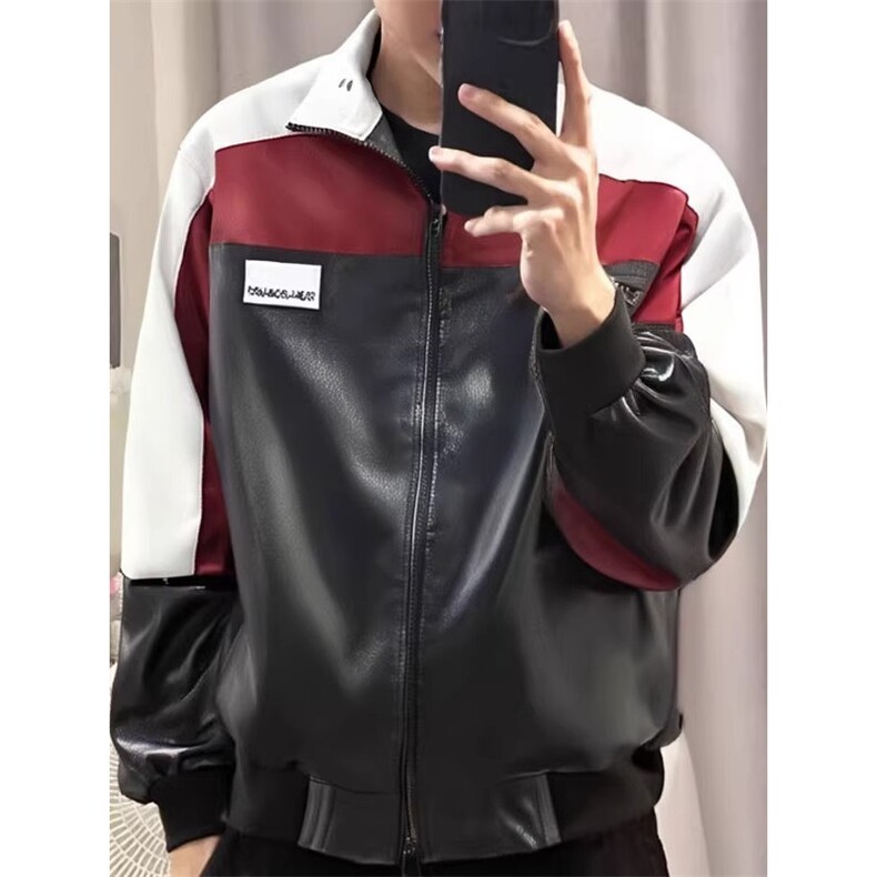 JK8574-P68 美式pu皮衣飞行员夹克男款情侣拼接撞色痞帅高级感图片