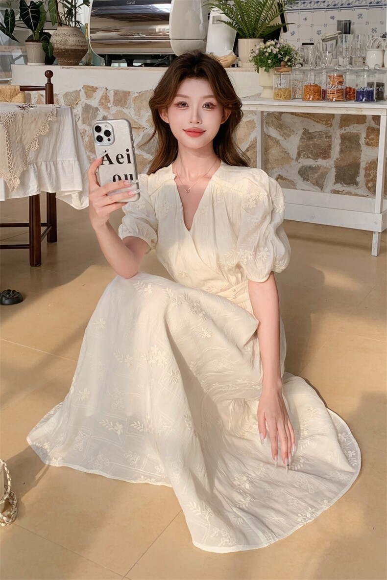 夏季新品！珍珠刺绣度假风连衣裙85109白-208A-P140-K250,女装连衣裙,浙宝208A