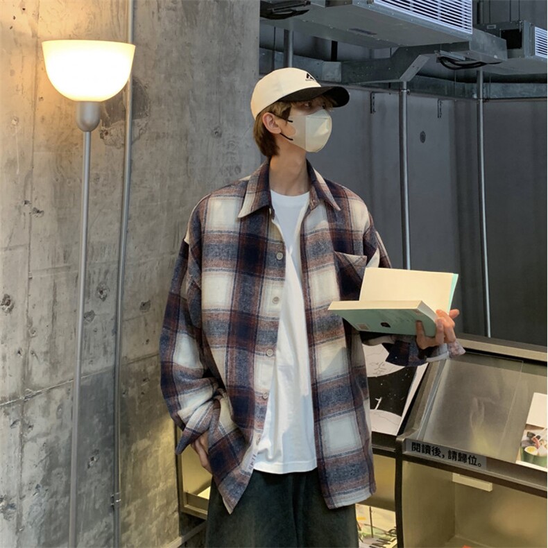 抖音秋格子衬衫男生外套长袖衬衣宽松港风DX505P5578,男装衬衫,电商B413-1