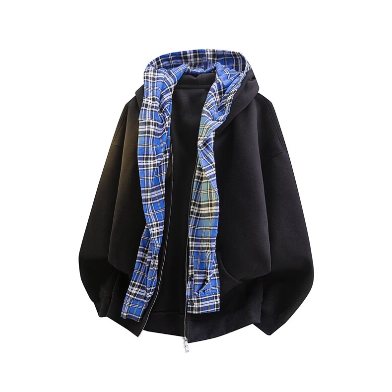 1506-1/M8891/P60潮牌美式假两件格子拼接连帽上衣男女同款百搭，男装卫衣，星座1506-1