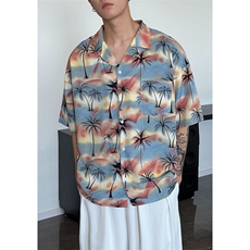 夏季复古古巴领碎花衬衫男女宽松港味夏威夷沙滩短袖衬衣C2402，男装衬衫，星座1116A（原606A-3）